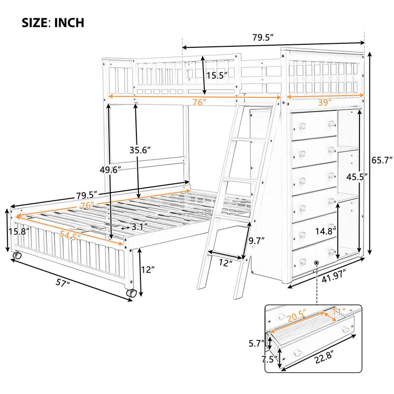 Bunk Bed With 6 Drawers And Flexible Shelves, Bottom Bed With Wheels by Unique Piece Furniture