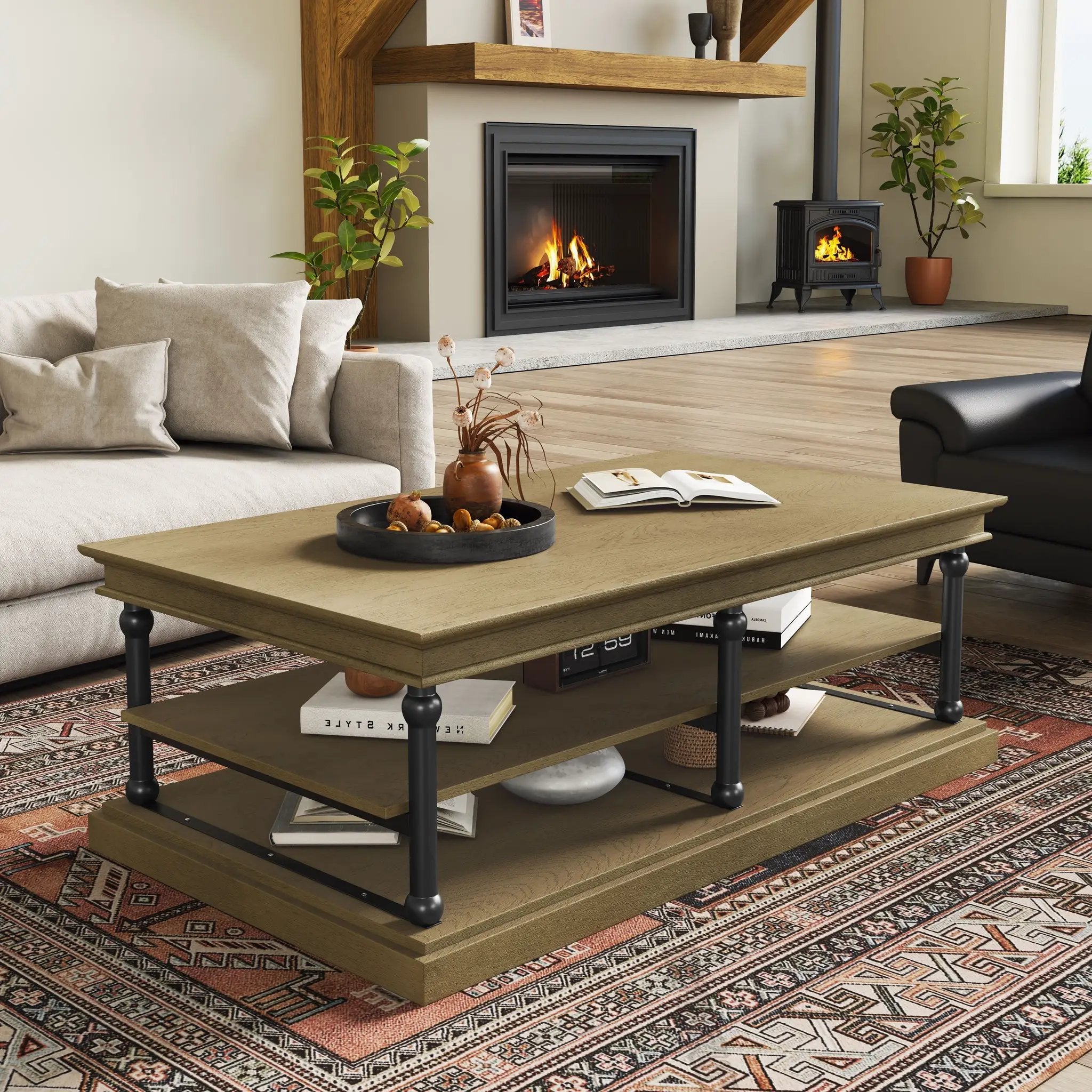 55.1' Wood Coffee Table with Black Legs and Open Storage Shelves by HouseOfZazla