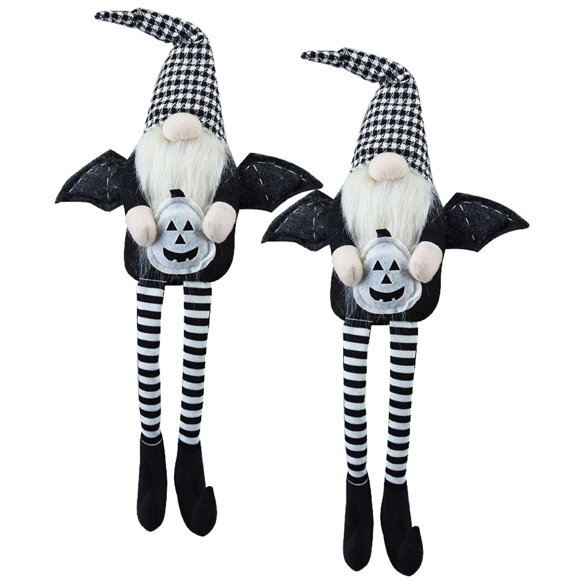 Sitting Gnome with Wings & Plaid Hat – Set of 2, Black, Halloween Decor