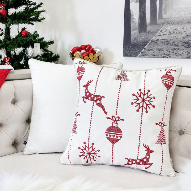 Christmas Throw Pillow With Embroidered Reindeer And Snowflakes - White by HouseOfZazla