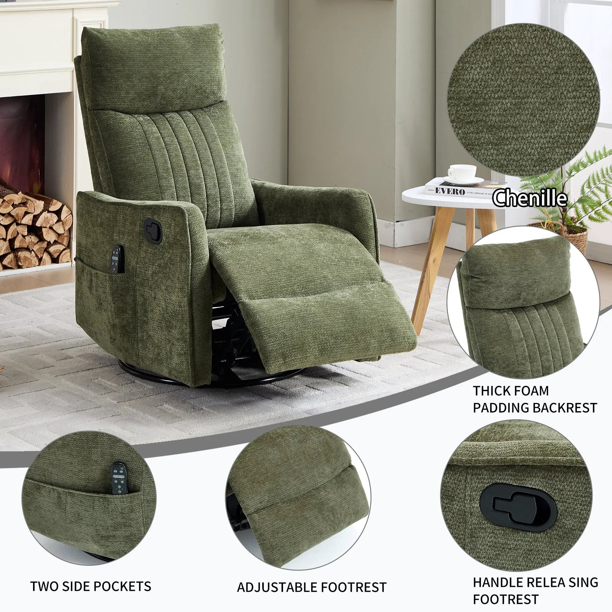 Green Heat Massage Manual Recliner Chair with Rocker and Swivel by HouseOfZazla