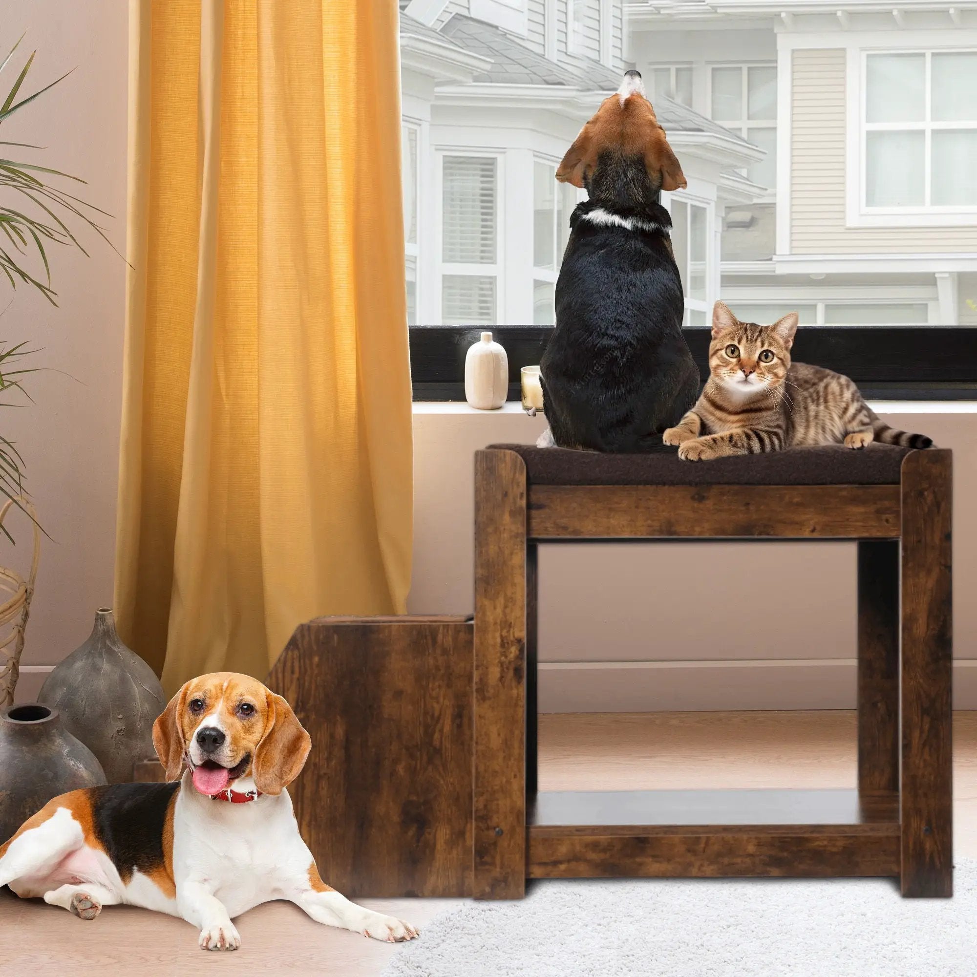 Pet Bunk Bed With Removable Step For Dogs And Cats, Multi-Level Bed Window Perch Seat Platform With Cushion And Cat Scratch Pad, Indoor Use - Dark Brown by HouseOfZazla