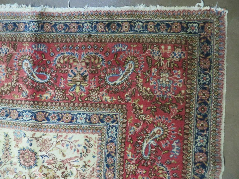 Persian Tabriz Rug 8x10, Bird Motifs Floral, Boteh Paisleys, Cream and Red, Handmade Wool Carpet by Jewel Rugs