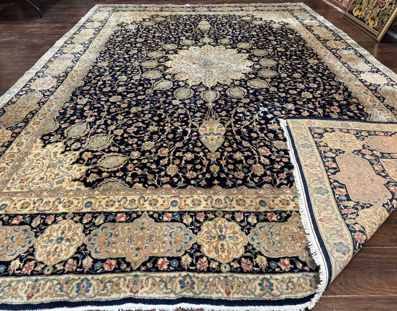 Large Persian Kerman Rug 10x14, Navy Blue and Beige, Floral Medallion, Traditional Elegant Persian Carpet, Signed by Masterweaver by Jewel Rugs