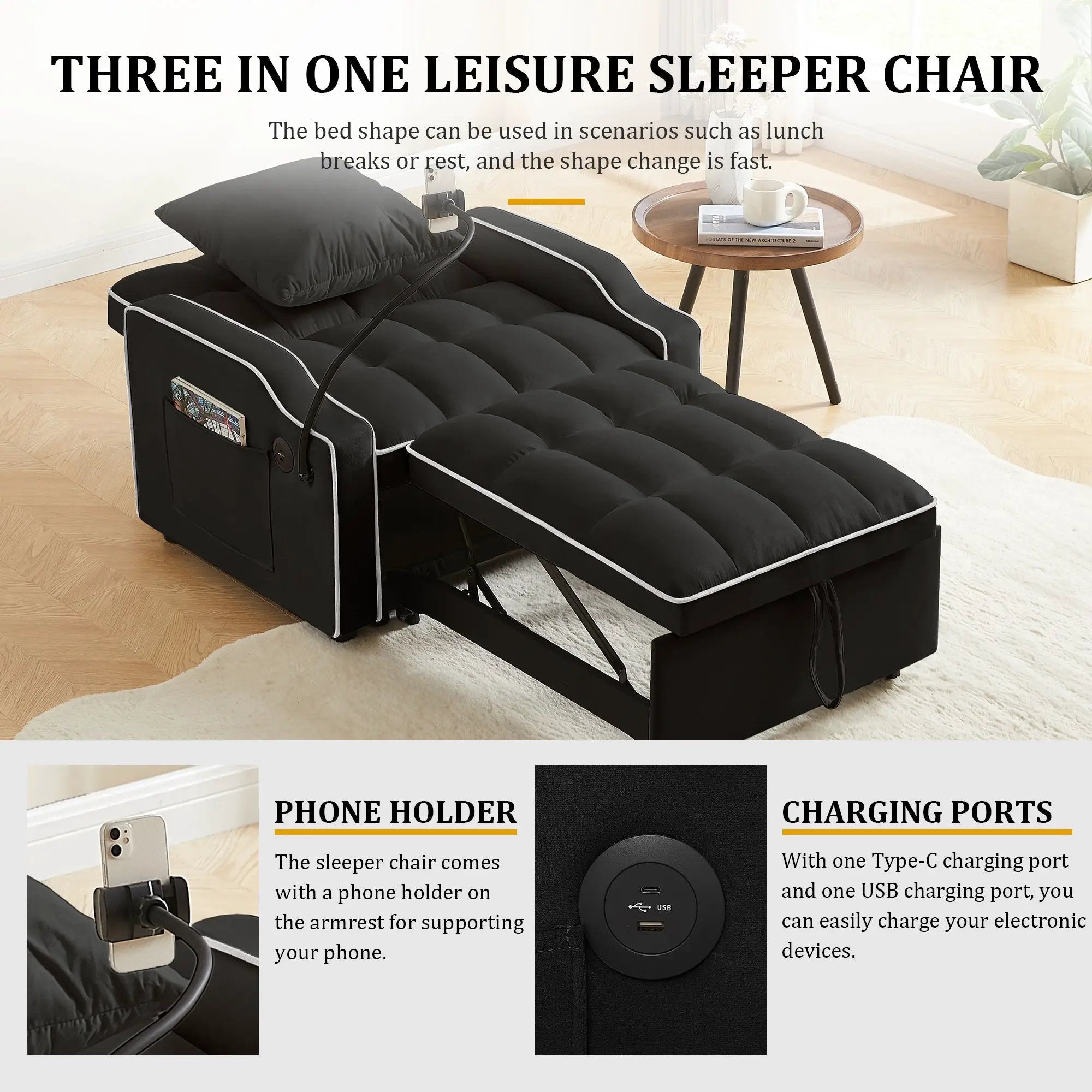 Sleeper Sofa Chair Bed - 3 In 1 Convertible Sofa by HouseOfZazla