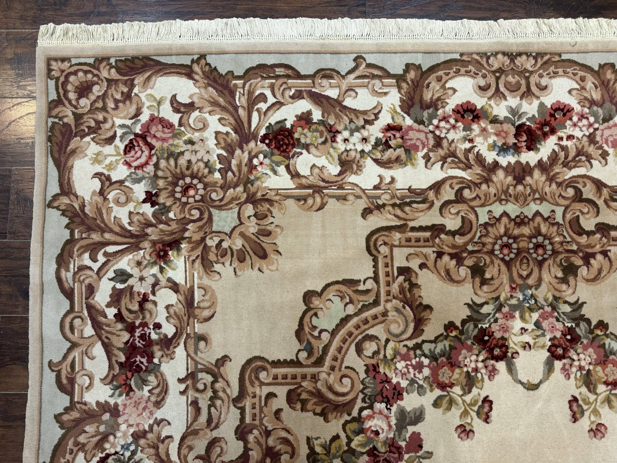 Aubusson Rug 8x12, European French Savonnerie Design, Thick Wool Pile, Elegant Rug, Cream Beige Light Green by Jewel Rugs