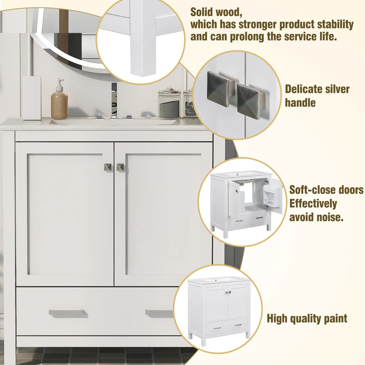 Bathroom Vanity With Single Sink, Combo Cabinet Undermount Sink, Bathroom Storage Cabinet With Two Doors And A Drawer, Soft Closing, Multifunctional Storage, Solid Wood Frame by Unique Piece Furniture