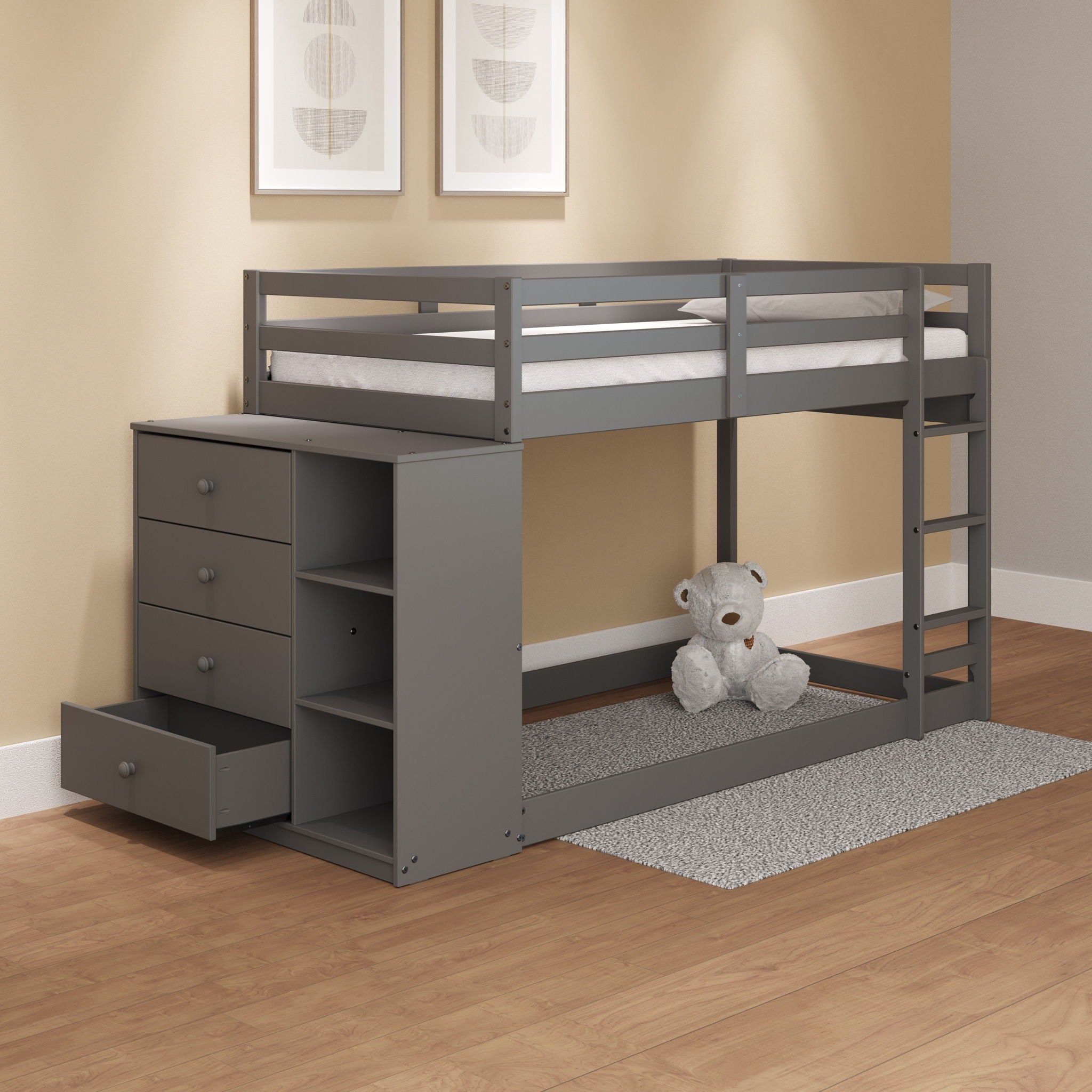 Gaston - Bunk Bed Twin Over Twin With 4 Drawers & 3 Compartments - Gray by HouseOfZazla