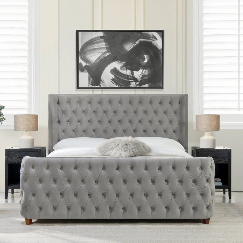 Brooklyn King Tufted Panel Bed Headboard and Footboard Set, Opal Grey Velvet by HouseOfZazla