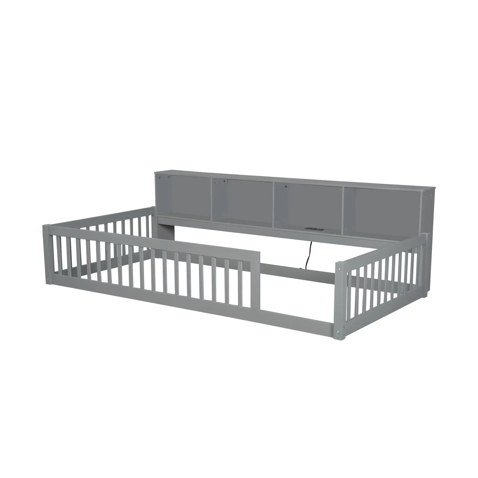 Twin Long Floor Bed With Storage Cabinets And USB Ports - Gray by HouseOfZazla