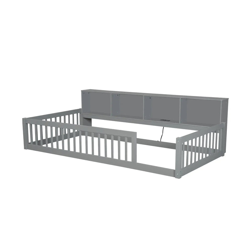 Twin Long Floor Bed With Storage Cabinets And USB Ports - Gray by HouseOfZazla