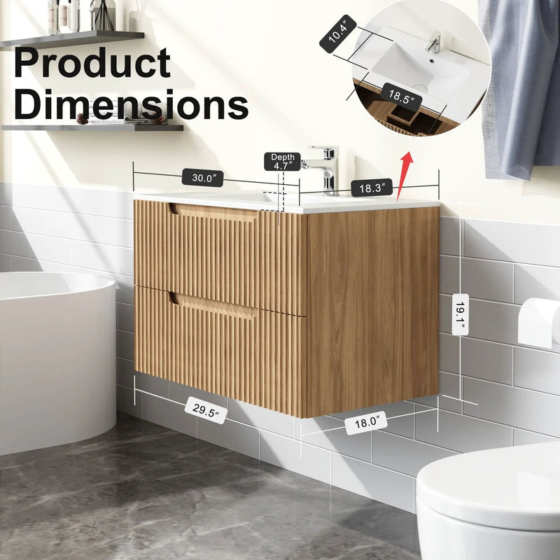30" Wall Mounted Bathroom Vanity With Sink, Soft Close System, And Spacious Drawers - Walnut by Unique Piece Furniture