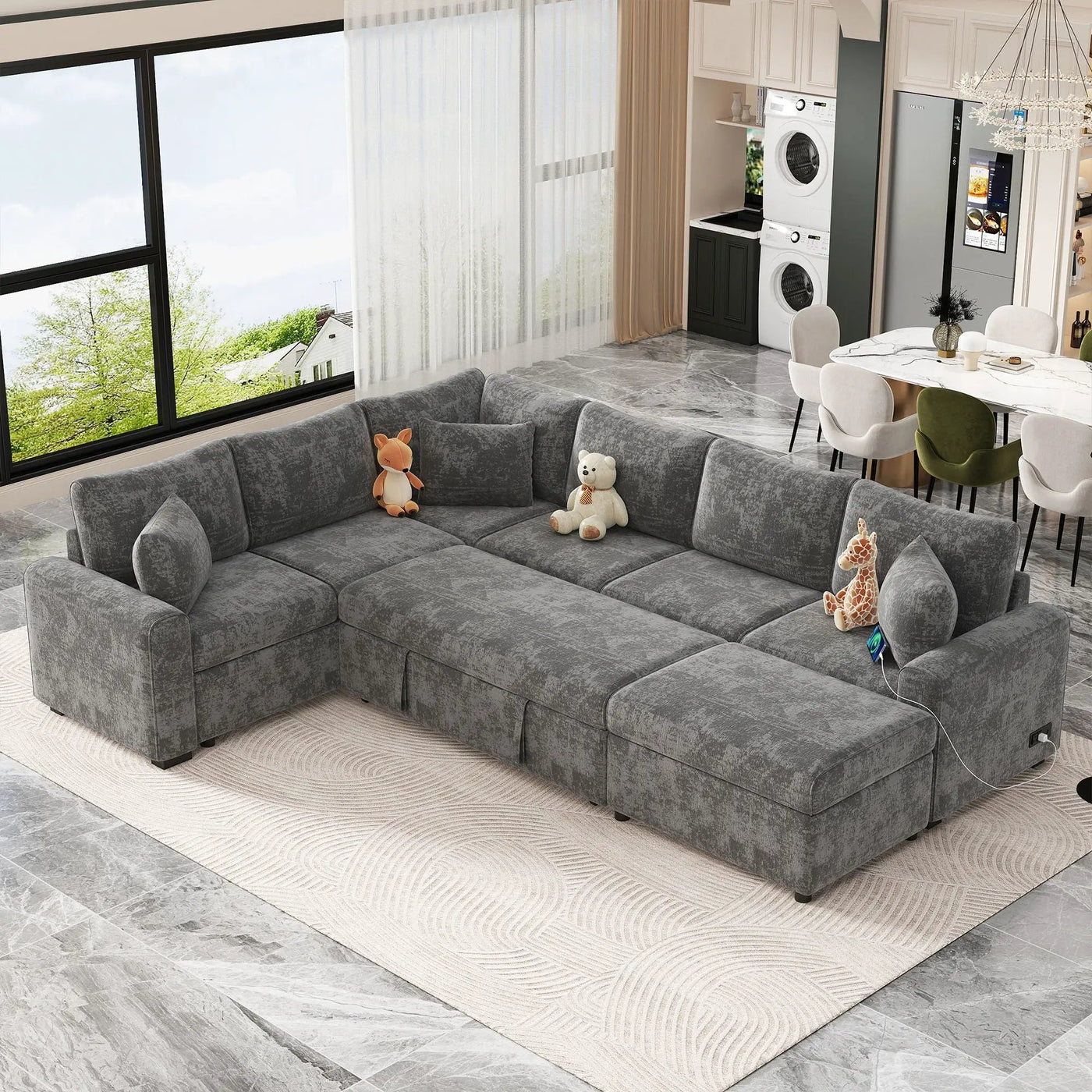 Sectional Sofa Pull-Out Sofa Bed Sleeper With A Storage Ottoman, Three Pillows And Charging Devices For Living Room by Unique Piece Furniture