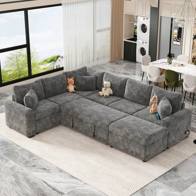 Sectional Sofa Pull-Out Sofa Bed Sleeper With A Storage Ottoman, Three Pillows And Charging Devices For Living Room by Unique Piece Furniture