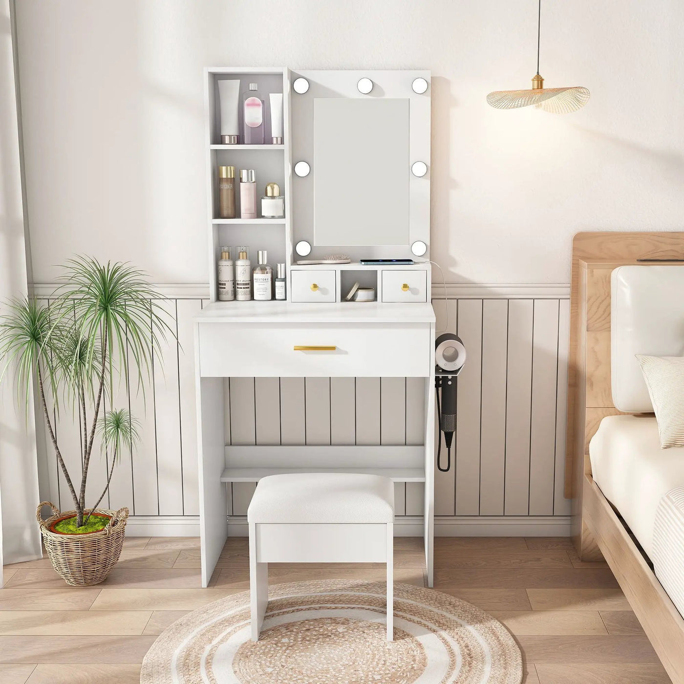 Vanity Table With Mirror, Adjustable LED Lights, Power Outlet, Hairdryer Holder & Stool by HouseOfZazla