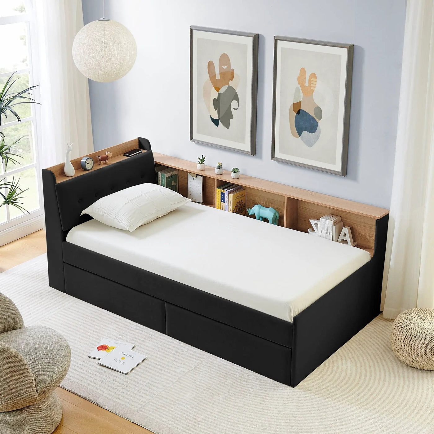 Upholstered Daybed With Storage Headboard, Wireless Charging, LED Lights by HouseOfZazla