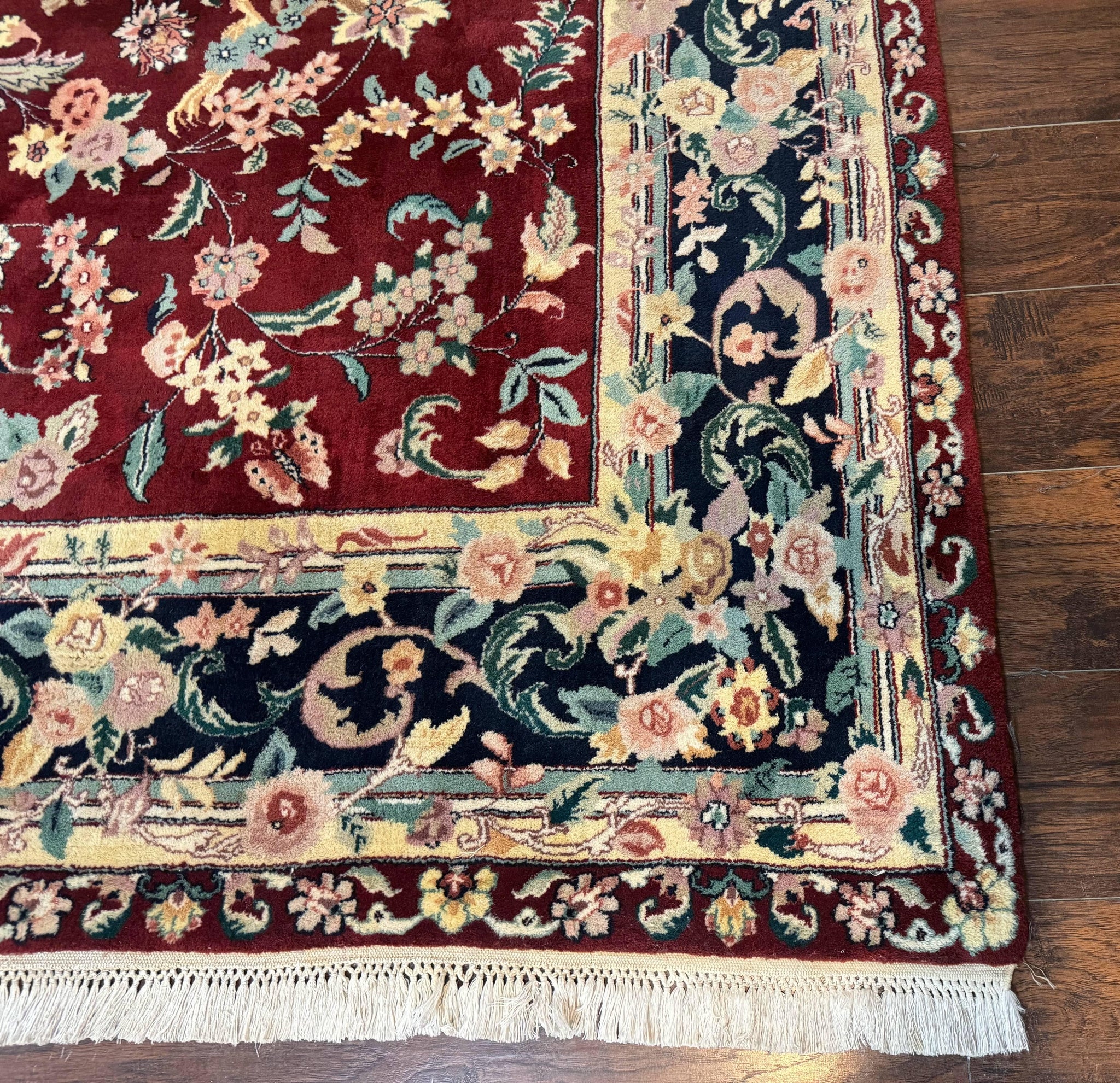 Indo Persian Rug 8x10, Floral Allover with Bird Pictorials, Maroon and Navy Blue, Handmade Wool Area Rug by Jewel Rugs
