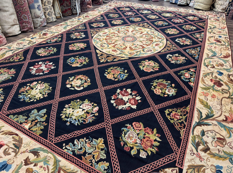 Palace Size Needlepoint Rug 12x20, European French English Aubusson Floral Design, Black and Beige by Jewel Rugs