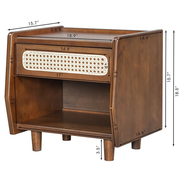 Walnut Nightstand with Rattan Detail, MDF + Solid Wood, photo 2 of 10