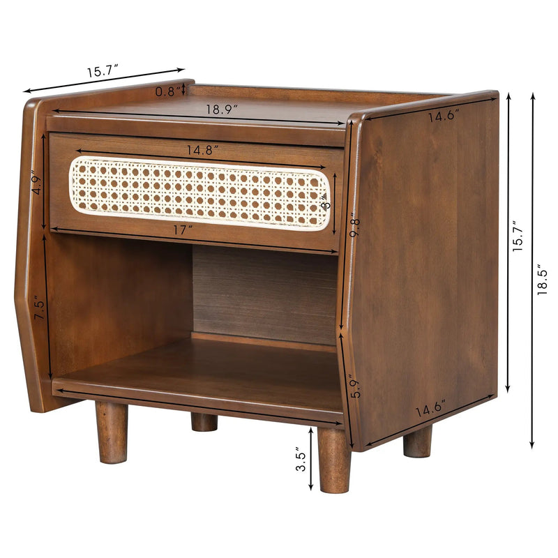 Walnut Nightstand with Rattan Detail, MDF + Solid Wood by HouseOfZazla