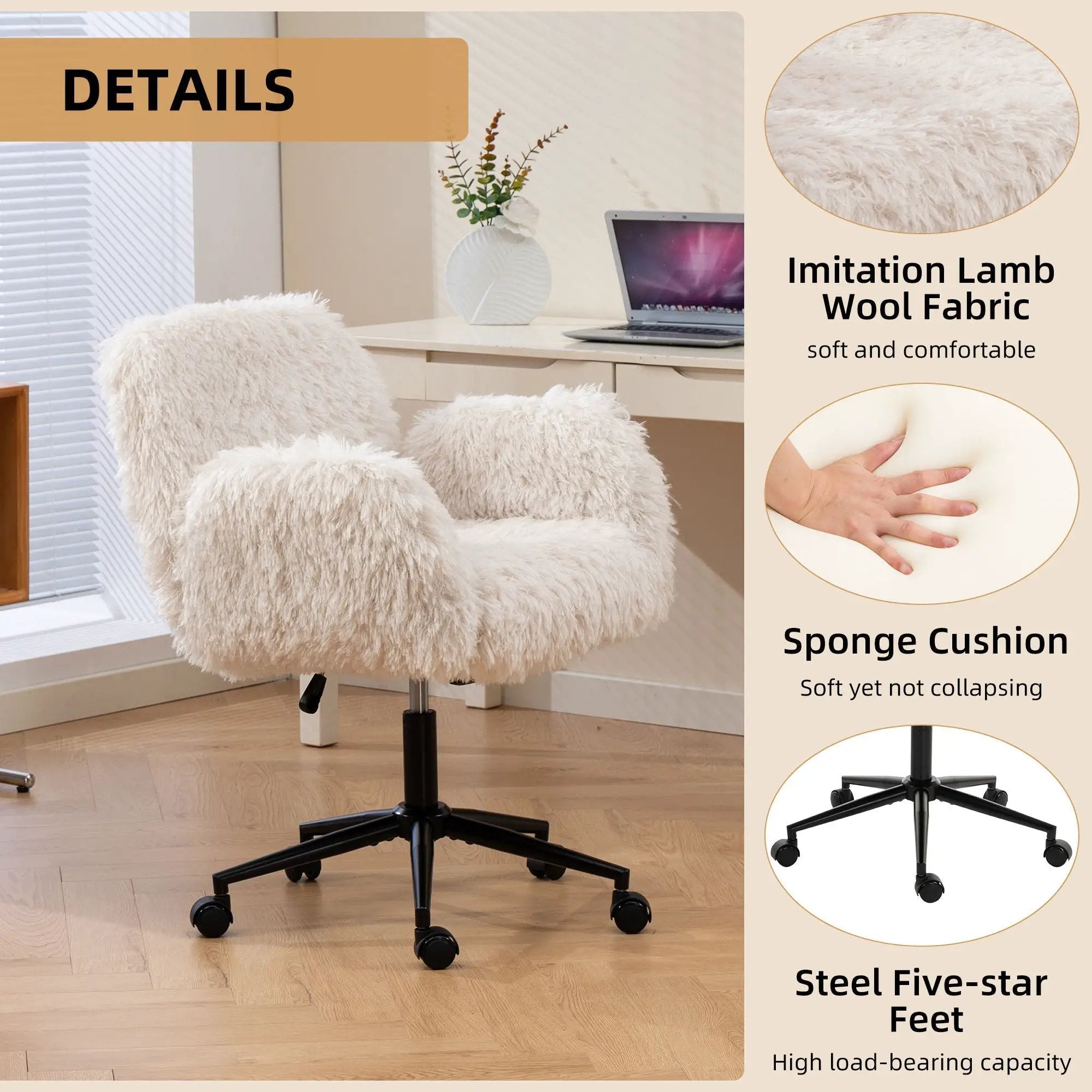 Swivel Chair With Adjustable Armrests And Wheels For Home Office - Beige by HouseOfZazla