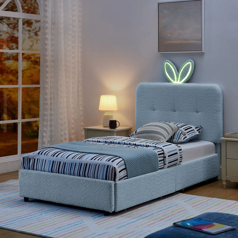Upholstered Bed With Oversized Rabbit Ear Headboard, LED Lights & 4 Storage Drawers by Unique Piece Furniture