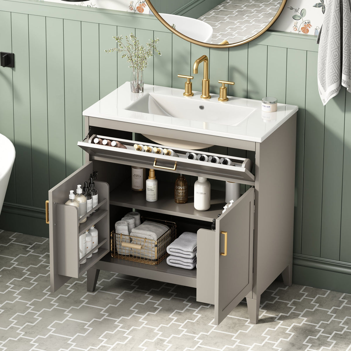 30" Bathroom Vanity with Ceramic Sink Top and Solid Wood Legs - Beige or Wood, photo 7 of 10