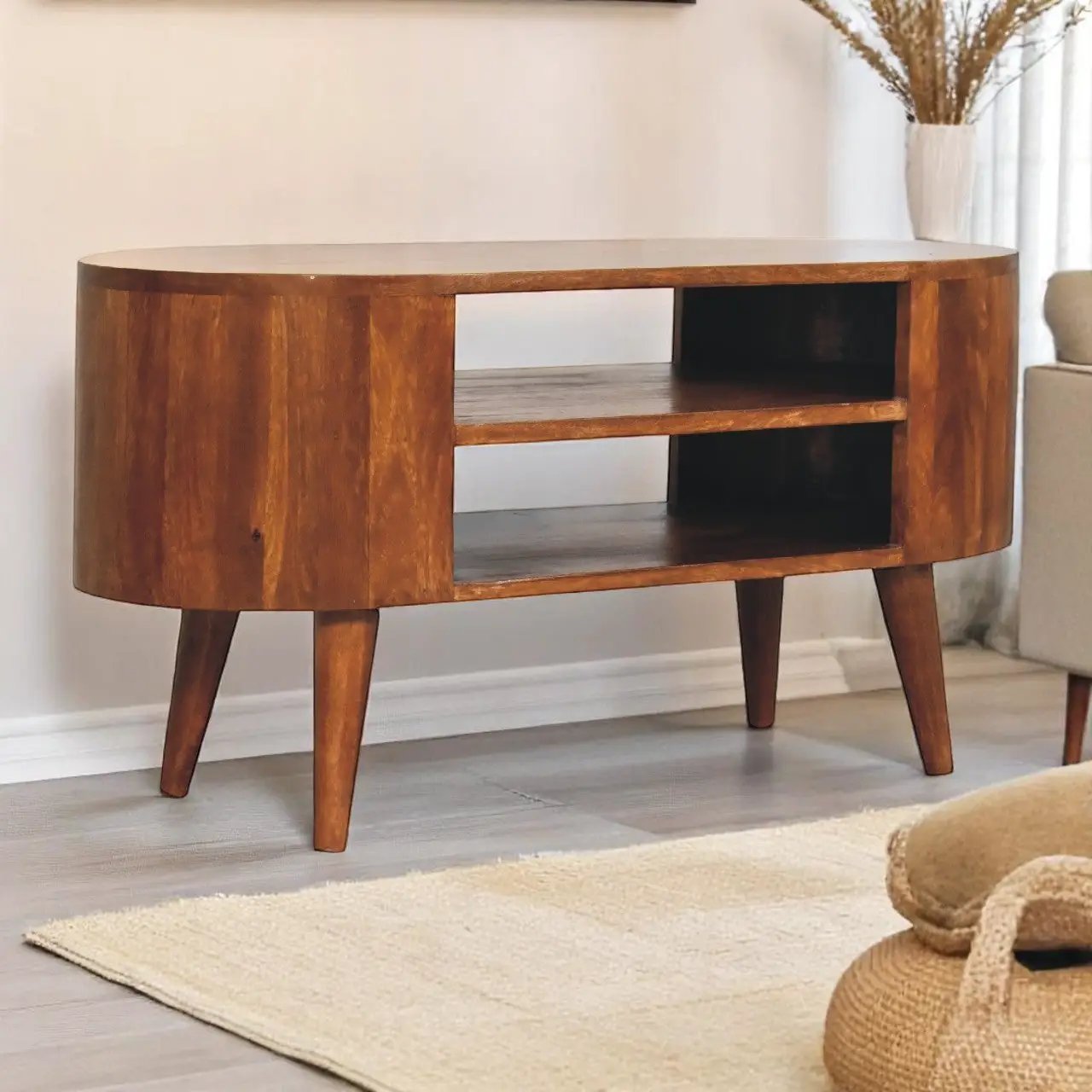 Solid Wood Cortez Chestnut Media Unit, 2 Open Shelves, Nordic Legs by HouseOfZazla