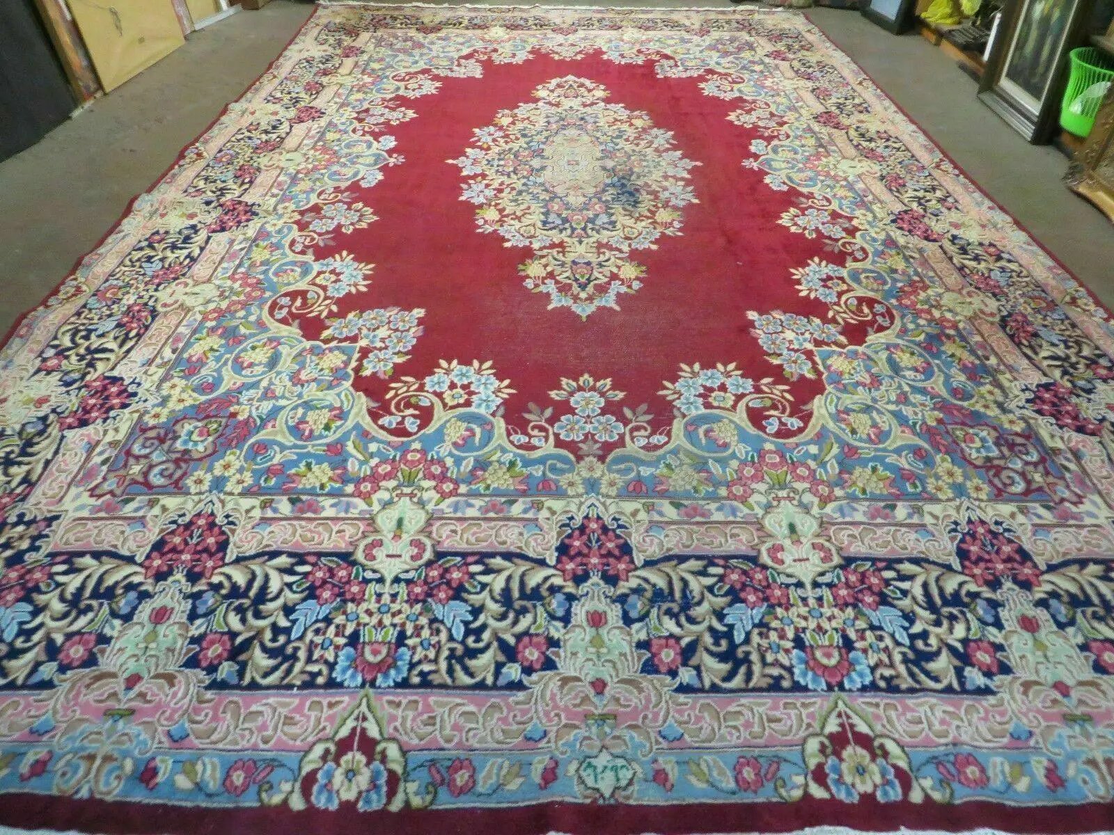 Antique Persian Kirman Rug 10x17 Oriental Carpet 10 x 17, Red, Multicolor, Namazian Signature Master Weaver, Shabby Chic, Semi Open Field by Jewel Rugs