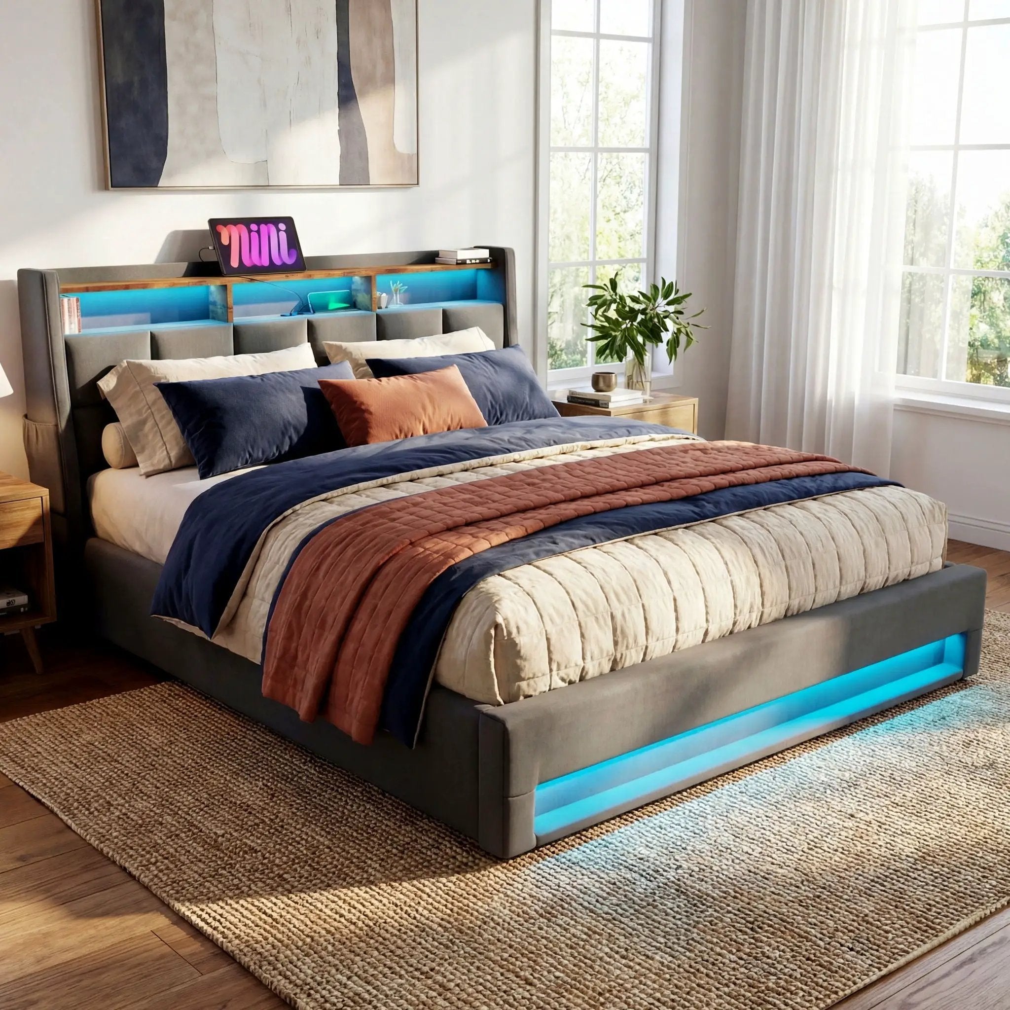 Platform Bed With Hydraulic Storage, LED Lighting & Charging Station by HouseOfZazla