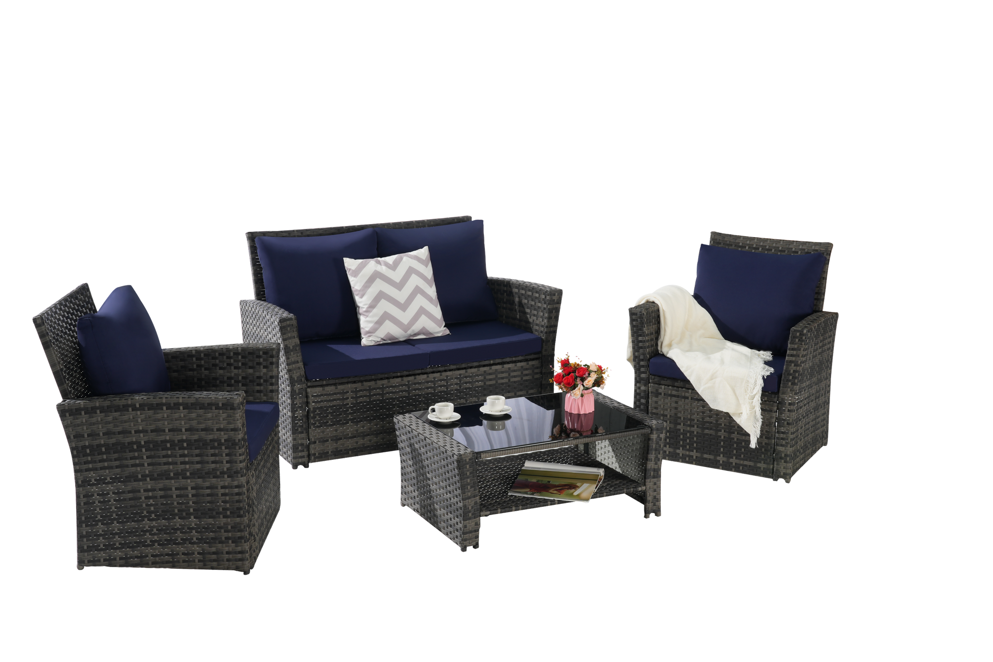 4 Pieces Outdoor Patio Furniture Set with Rattan Chairs and Tempered Glass Table by HouseOfZazla