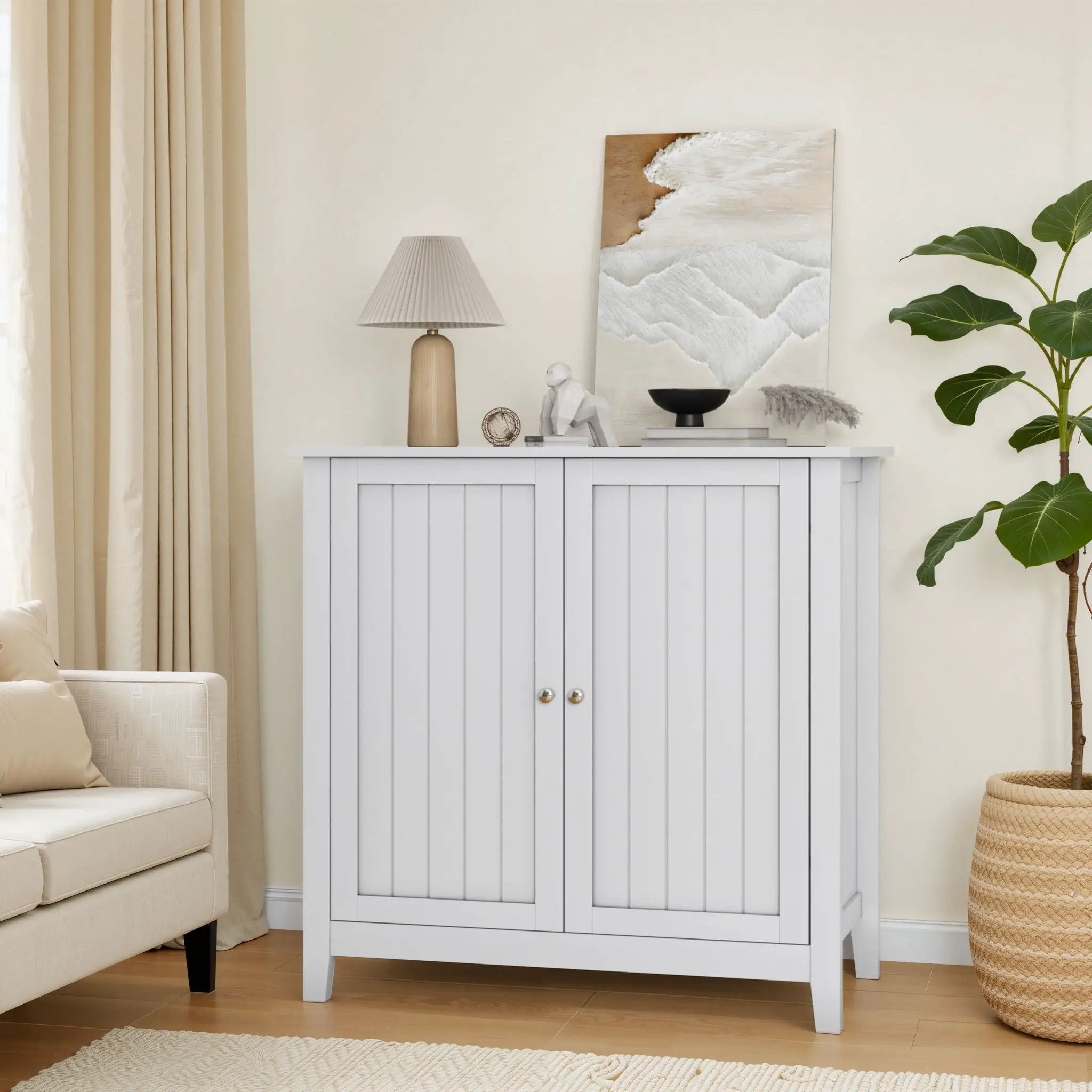 Mid Century Modern Double Door Storage Cabinet With Knobs - White