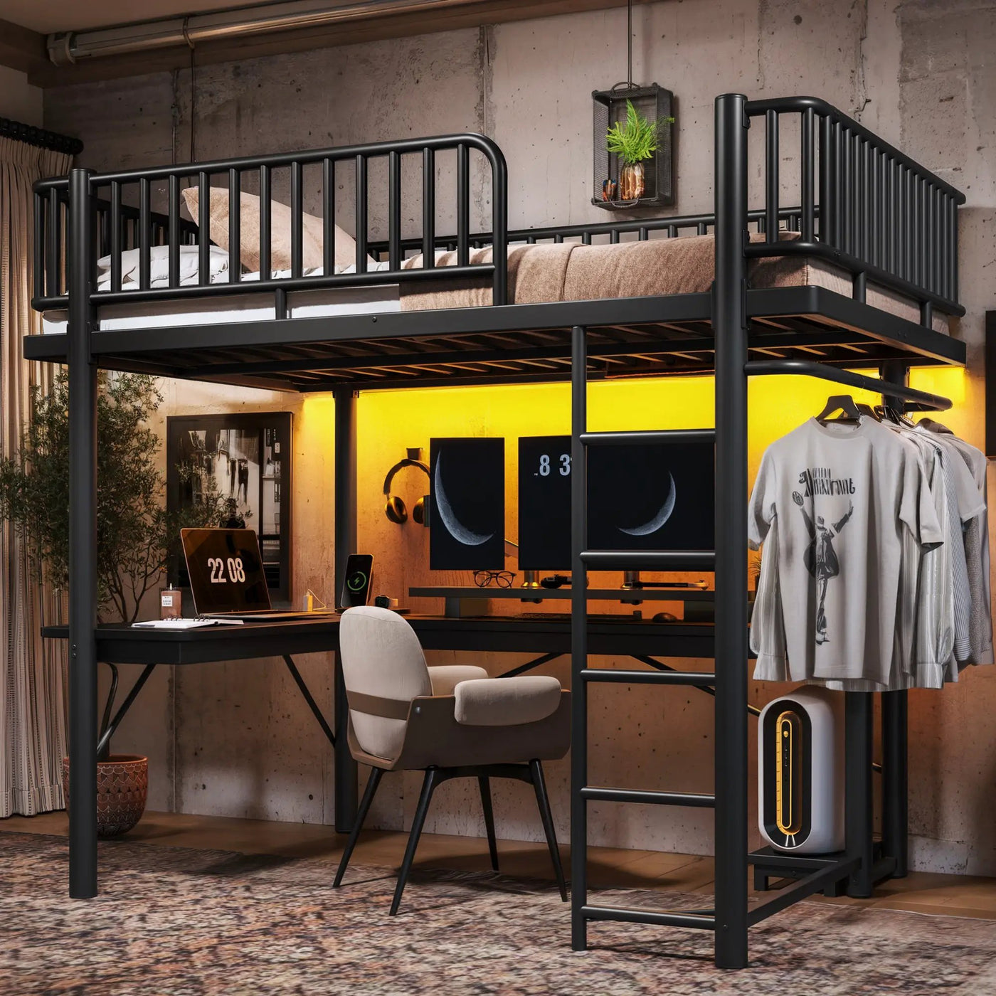 Full Loft Bed with L-Shaped Desk and LED Light Strip by HouseOfZazla