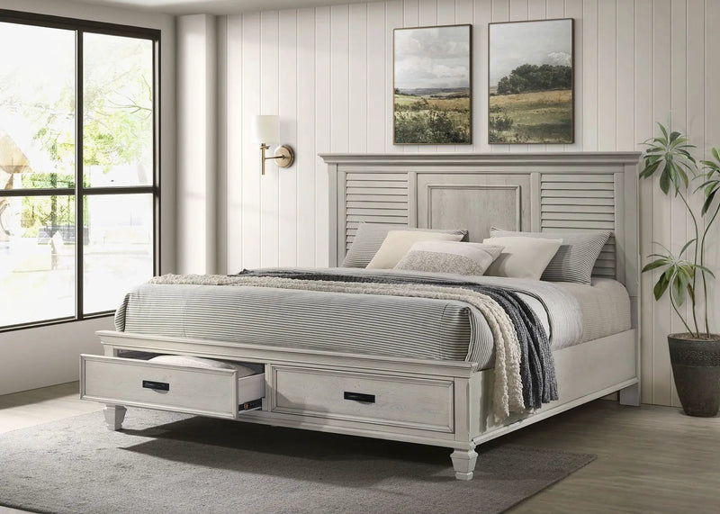 Franco Wood Eastern King Storage Panel Bed Distressed White by Unique Piece Furniture