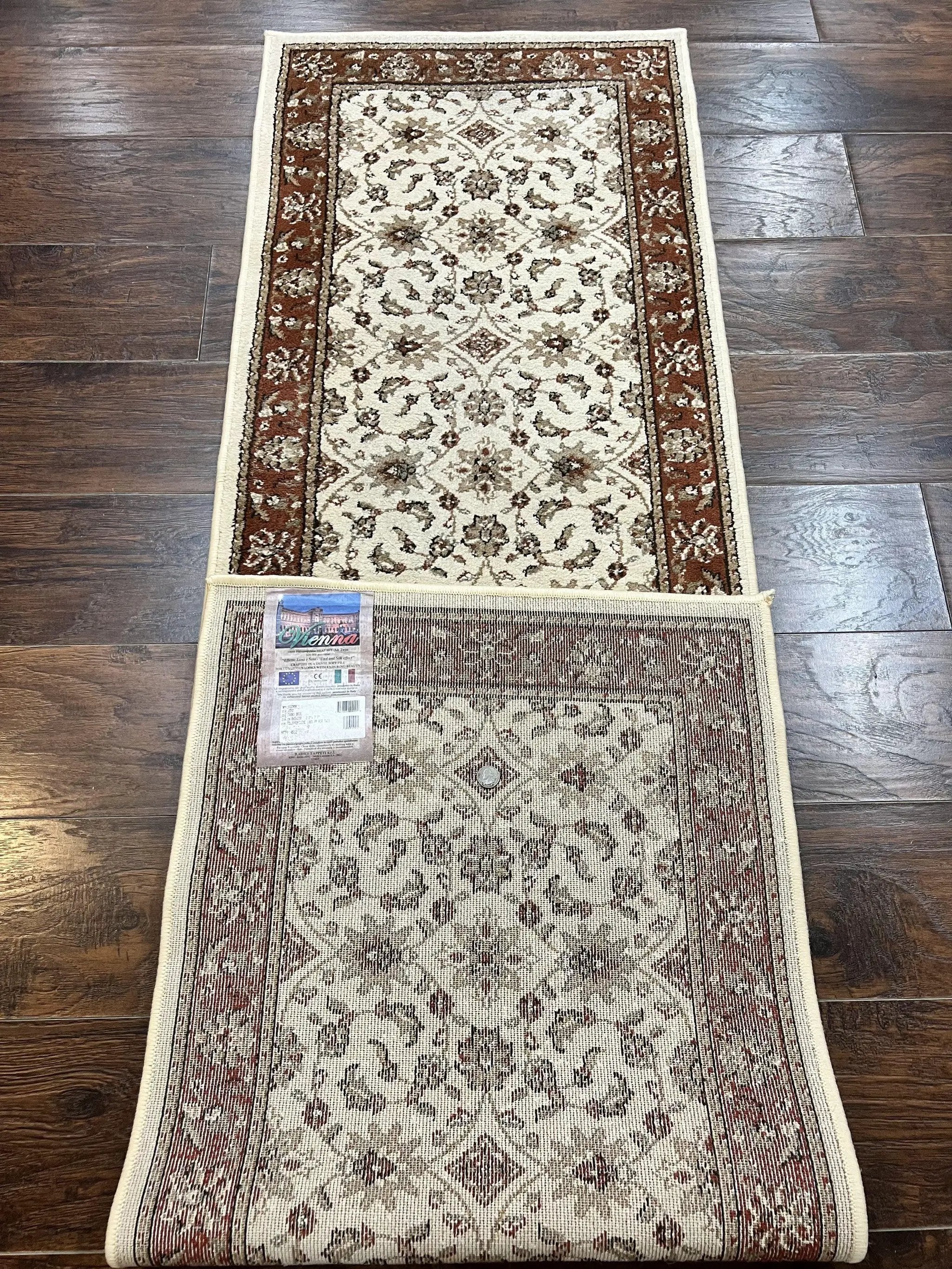 Runner Rug 2 x 7.6, Skinny Runner, Oriental Rug for Hallway, Ivory & Rust Red, Floral Allover by Jewel Rugs