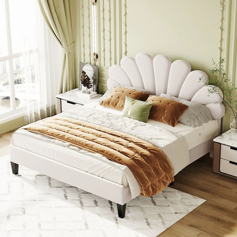 Upholstered Platform Bed With Flower Pattern Headboard by Unique Piece Furniture