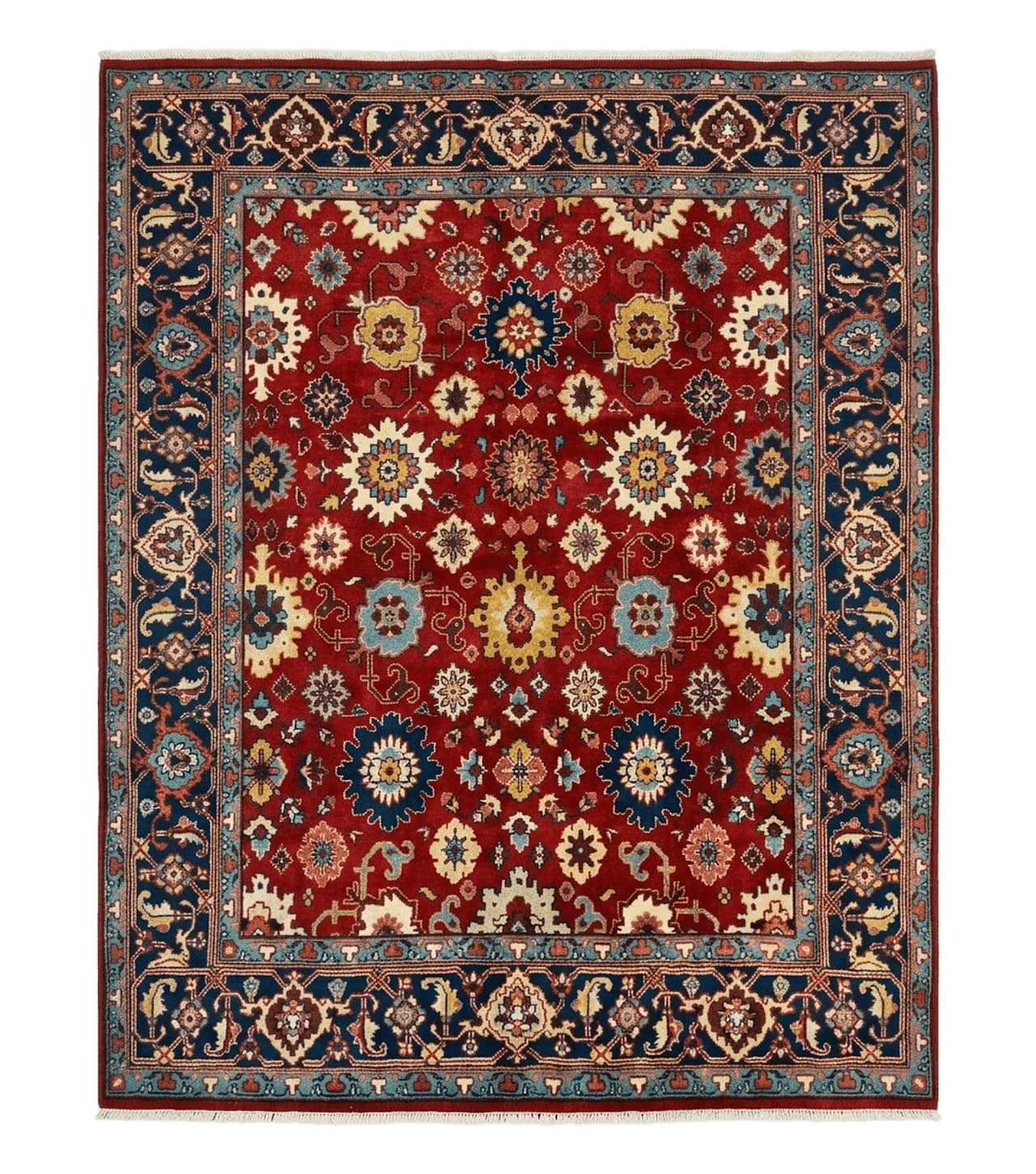 Indo Heriz Rug 8x10, Red and Navy Blue, Allover Pattern, Wool Handmade Carpet by Jewel Rugs