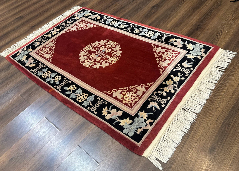 Chinese Wool Rug 4x6, Maroon and Black, Butterflies, Chinese Oriental Carpet, 90 Line Rug by Jewel Rugs