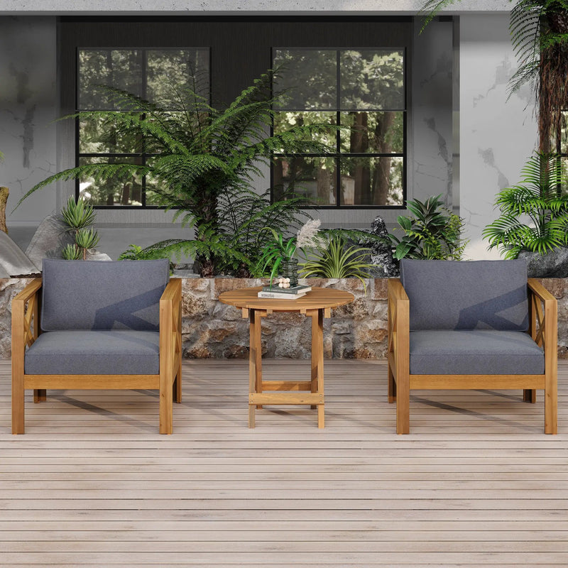 Patio Conversation Set with Foldable Acacia Wood Table and Cushioned Armchairs by HouseOfZazla
