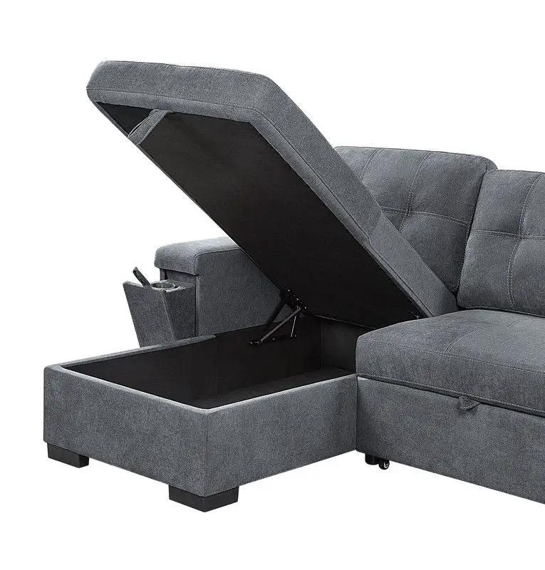 Toby - Woven Fabric Reversible Sleeper Sectional Sofa With Storage Chaise Cup Holder Charging Ports And Pockets by HouseOfZazla
