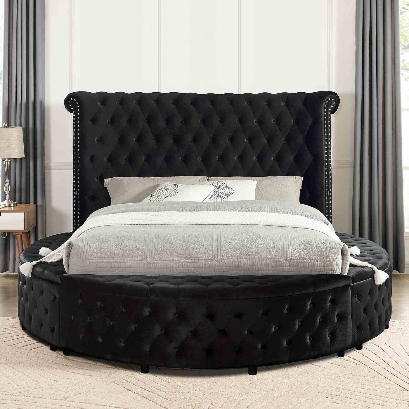 Glam Button Tufted Wingback Round Bed With Storage And USB Ports by HouseOfZazla