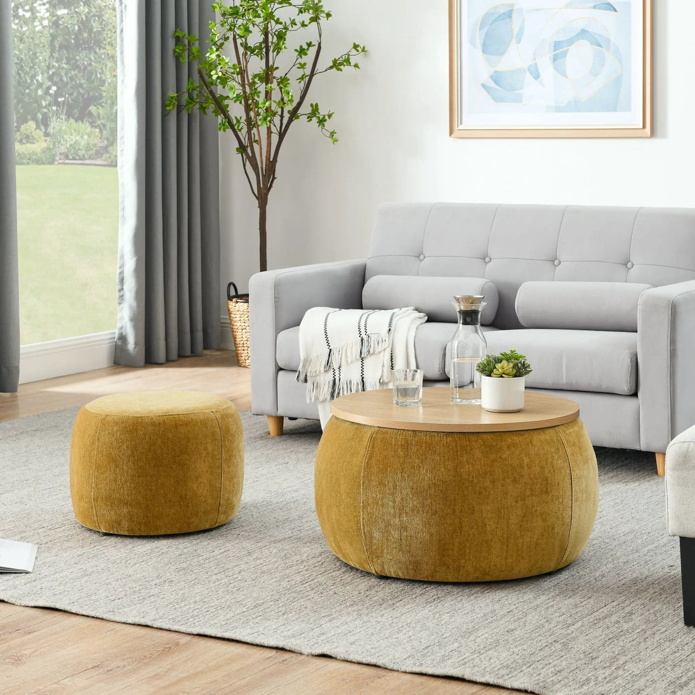 Round Storage Ottoman, 2 In 1 Function, End Table And Ottoman by Unique Piece Furniture
