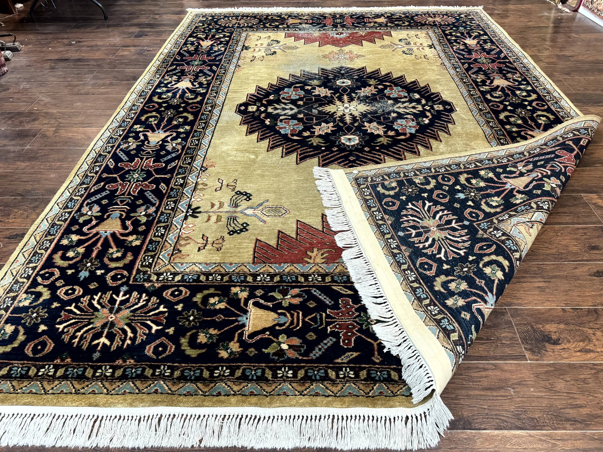 Indo Persian Heriz Rug 8x12, Camel Hair Tan and Navy Blue, Decorative by Jewel Rugs