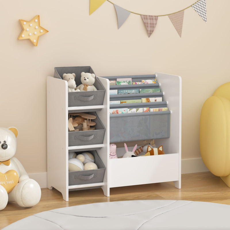 White 4-Tier Bookshelf and Toy Storage Organizer with Collapsible Drawers, photo 14 of 16