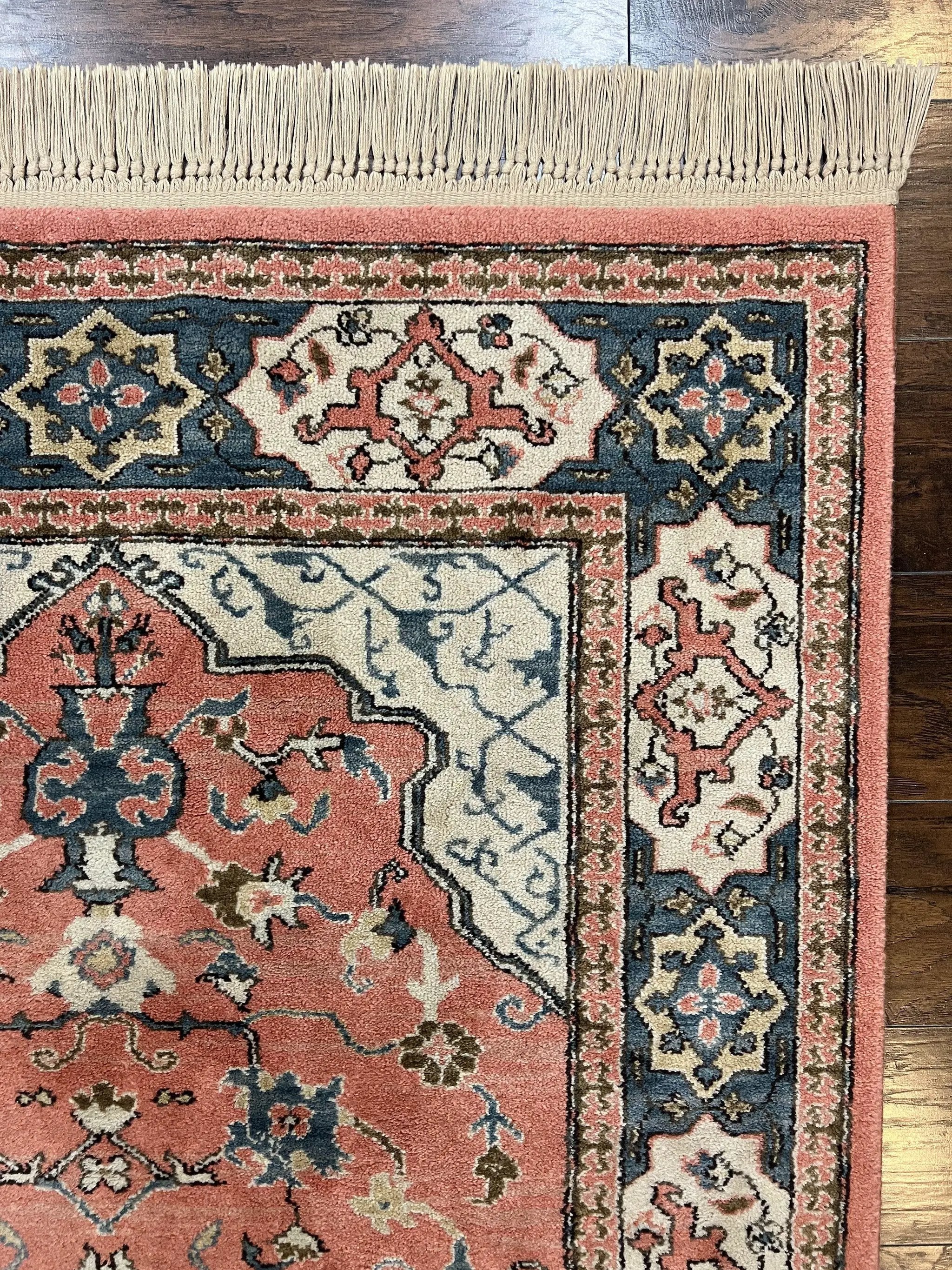 Karastan Rug 4x6 Bergama Design #737, Karastan Area Rug, Vintage Wool Karastan Carpet, Original Collection 700 Series, Salmon Red Light Blue by Jewel Rugs