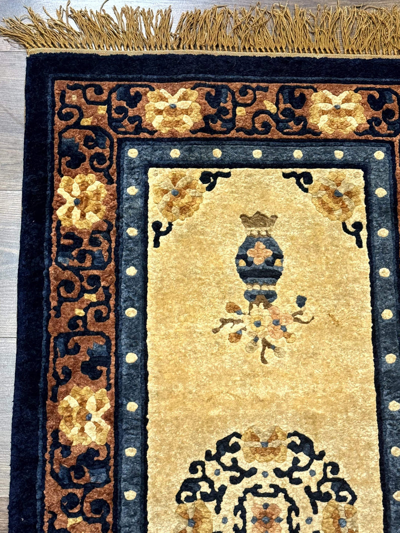 Silk Chinese Rug 2x4, Peking Carpet, Golden-Beige and Blue, Hand Knotted, Simple Design by Jewel Rugs