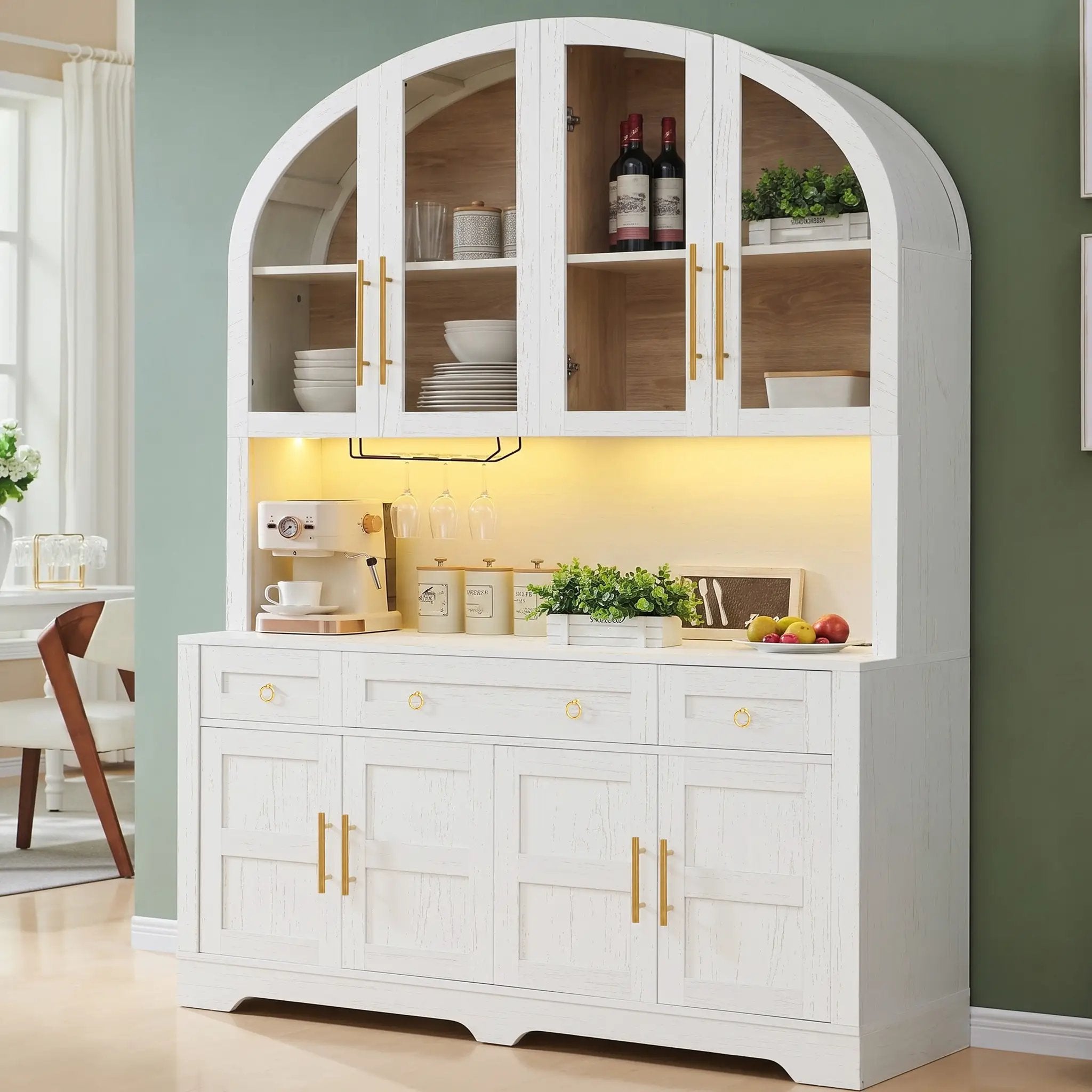K&K 75.8" Tall Arched Kitchen Pantry Cabinet with LED & Charging Station by HouseOfZazla