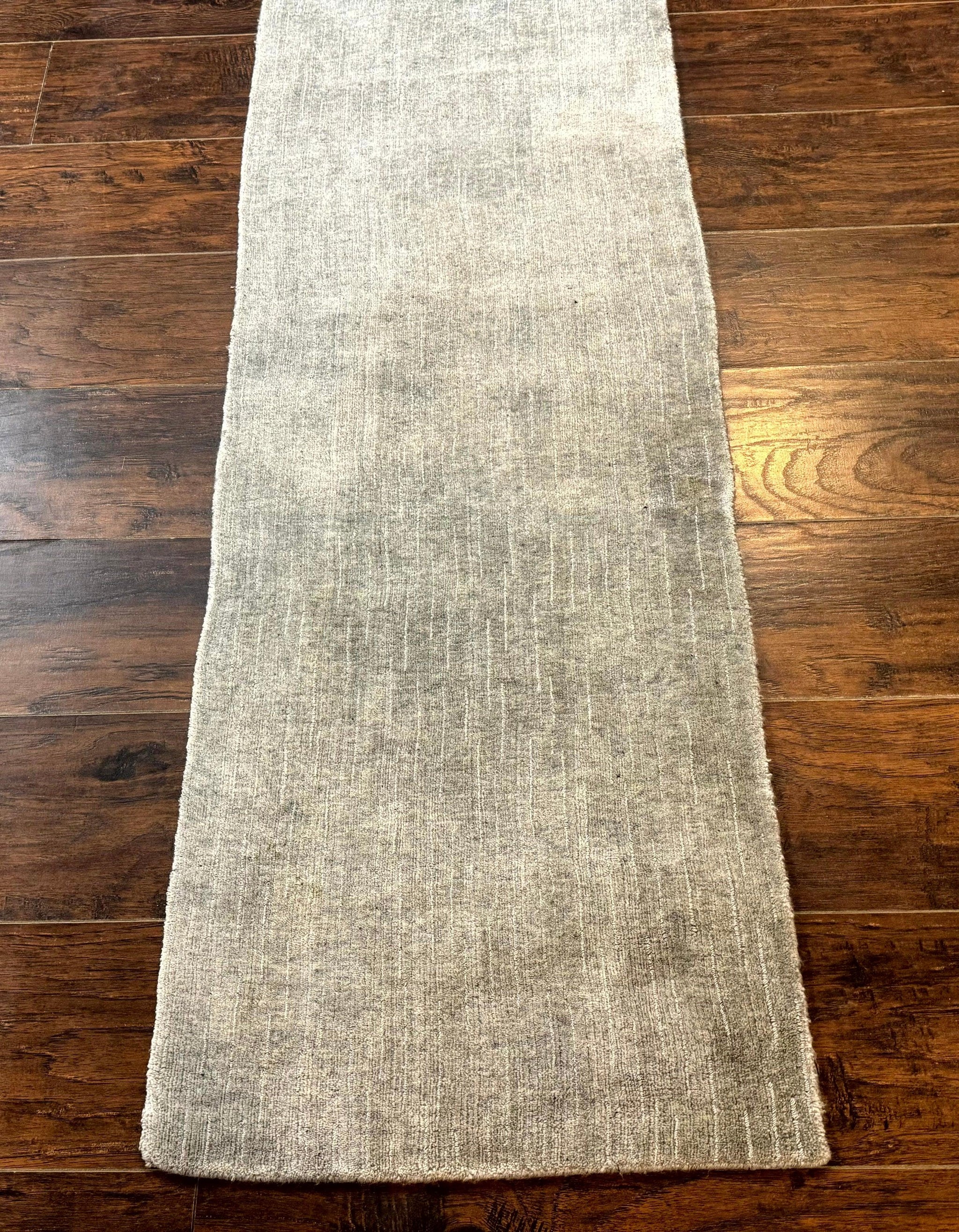 Modern Tibetan Runner Rug 1.9 x 8.6, Wool and Silk Highlights, Gray/Silver, Narrow Runner for Hallway or Kitchen by Jewel Rugs