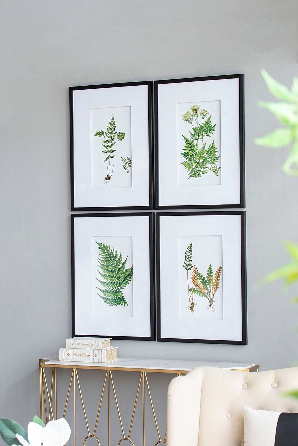 Black and White Botanical and Fern Wall Art Set of 4 with PS Frame - White / Black, photo 9 of 11