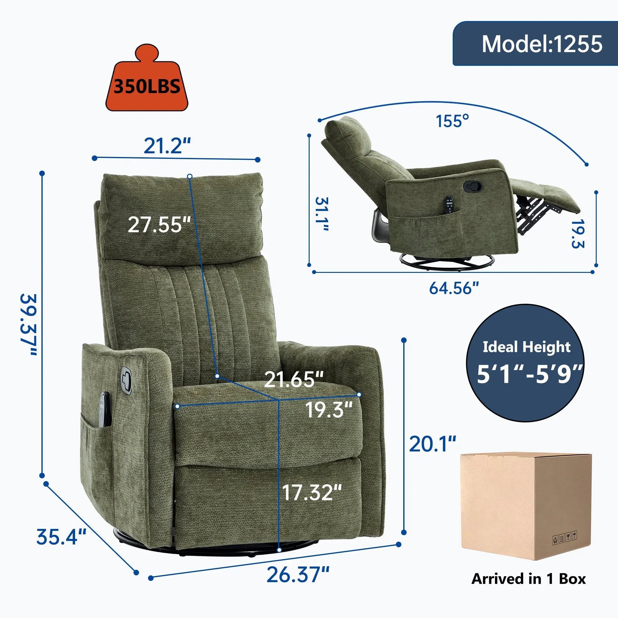 Green Heat Massage Manual Recliner Chair with Rocker and Swivel by HouseOfZazla